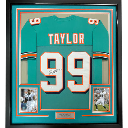 Framed Autographed/Signed Jason Taylor 35x39 Miami Teal Football Jersey JSA COA