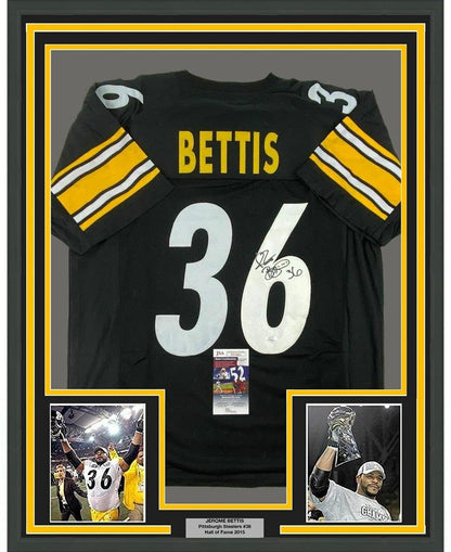 Framed Autographed/Signed Jerome Bettis 35x39 Pittsburgh Black Football Jersey JSA COA