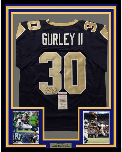 Framed Autographed/Signed Todd Gurley II 35x39 Los Angeles LA Rams Dark Blue Football Jersey JSA COA