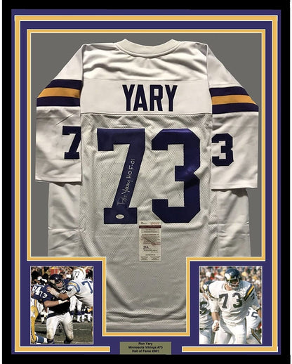 Framed Autographed/Signed Ron Yary HOF 01  35x39 Minnesota Vikings White Football Jersey JSA COA