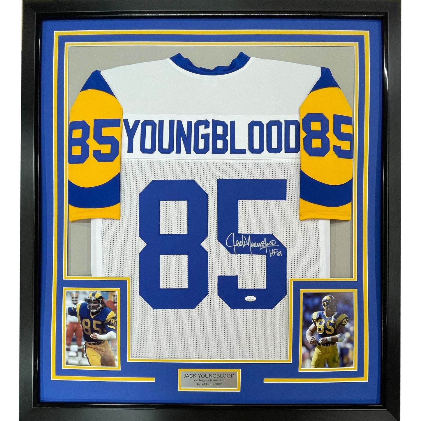 Framed Autographed/Signed Jack Youngblood HOF 01 35x39 Los Angeles LA White Football Jersey JSA COA