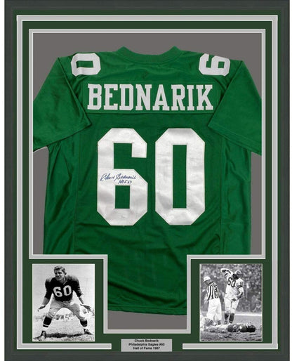 Framed Autographed/Signed Chuck Bednarik HOF 67 35x39 Philadelphia Kelly Green Football Jersey JSA COA