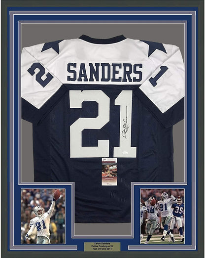 Framed Autographed/Signed Deion Sanders 35x39 Dallas Thanksgiving Day Football Jersey JSA COA