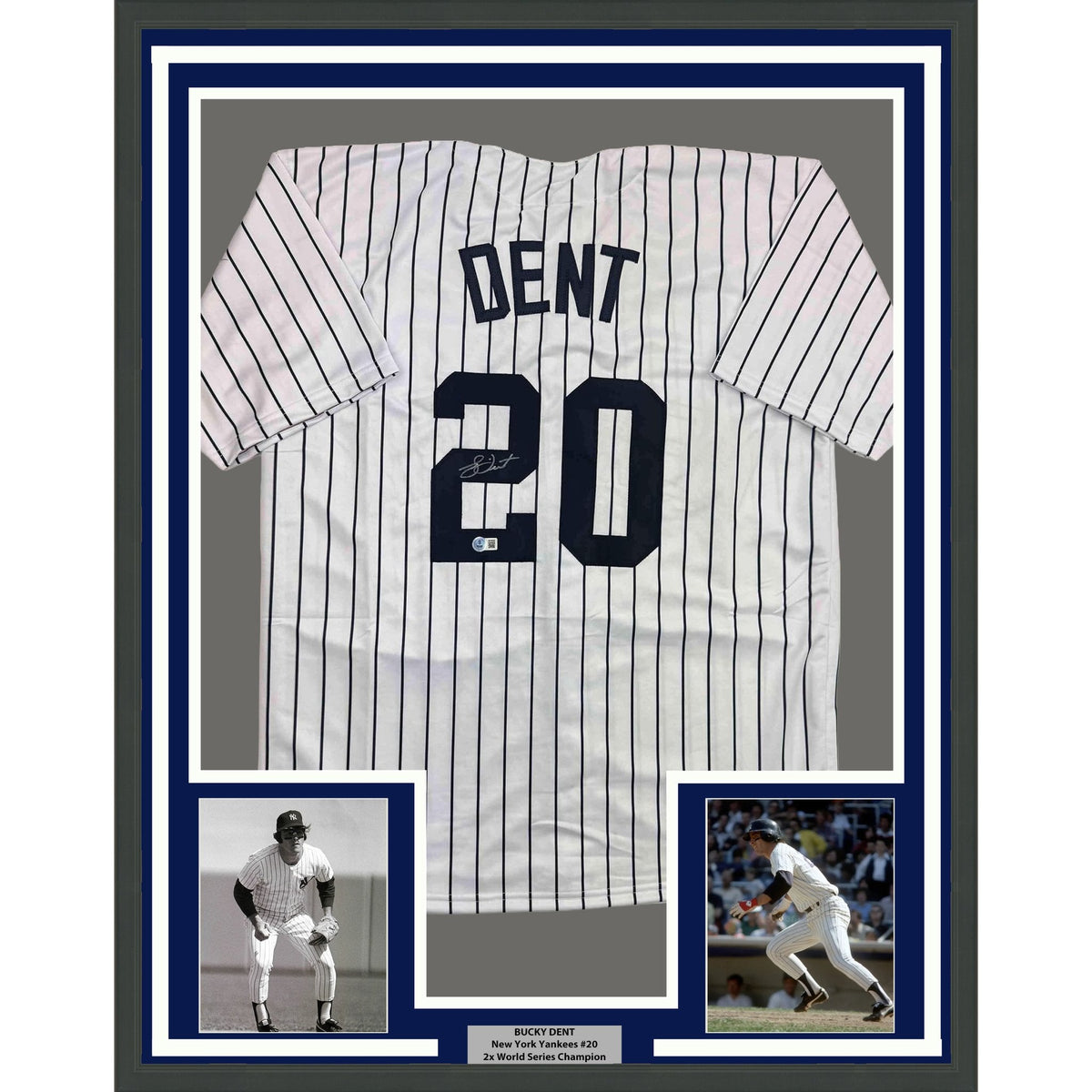 Framed Autographed/Signed Bucky Dent 35x39 New York Pinstripe Baseball Jersey Beckett BAS COA