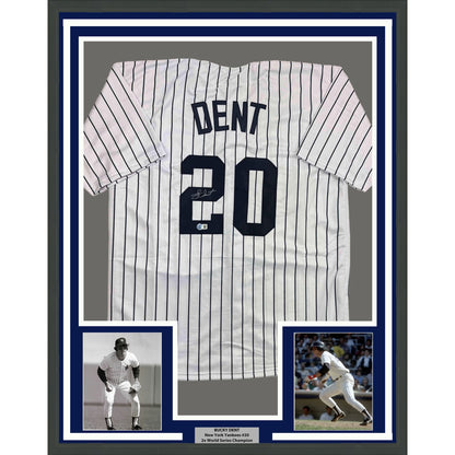 Framed Autographed/Signed Bucky Dent 35x39 New York Pinstripe Baseball Jersey Beckett BAS COA