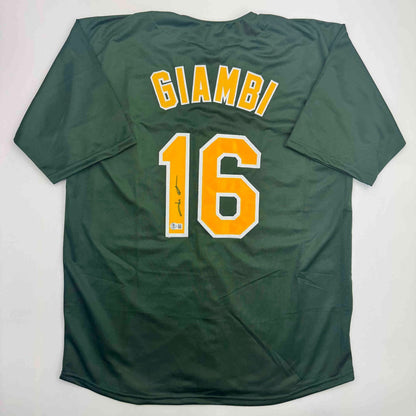 Autographed/Signed Jason Giambi Oakland Green Baseball Jersey Beckett BAS COA