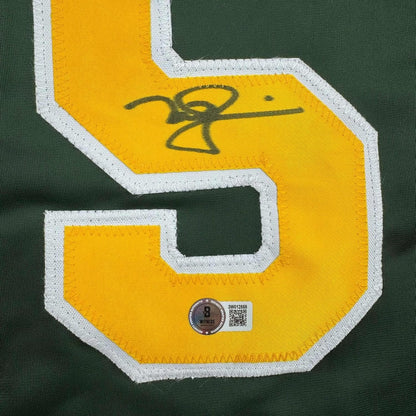 Framed Autographed/Signed Mark McGwire 35x39 Oakland Green Baseball Jersey Beckett BAS COA