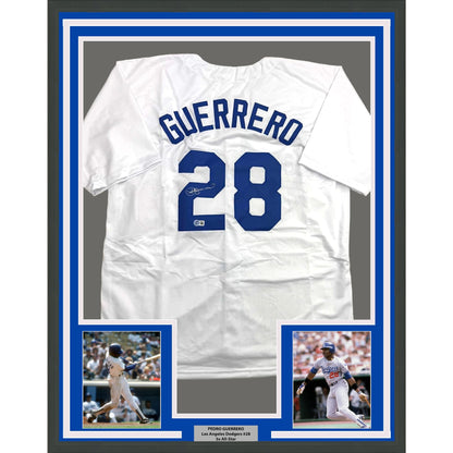 Framed Autographed/Signed Pedro Guerrero 35x39 Los Angeles LA White Baseball Jersey Beckett BAS COA
