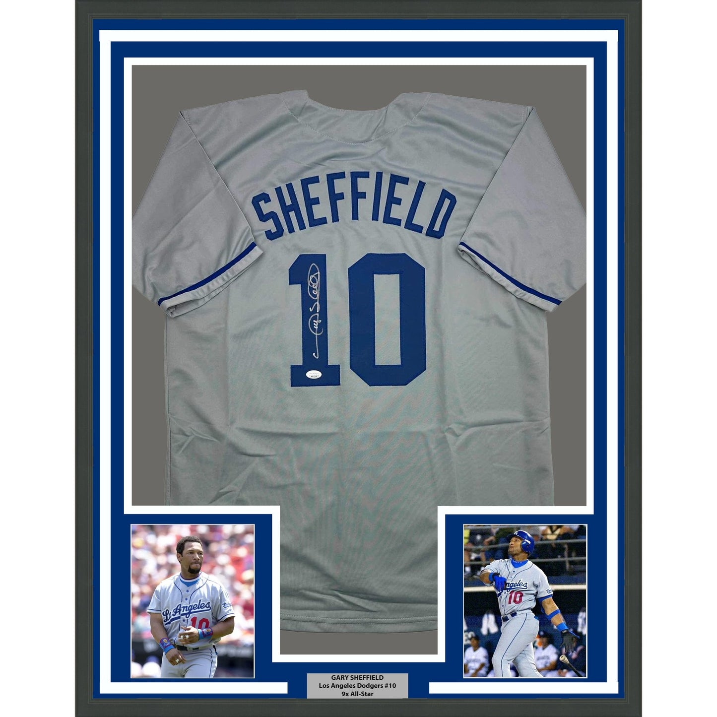 Framed Autographed/Signed Gary Sheffield 35x39 Los Angeles LA Grey Baseball Jersey JSA COA