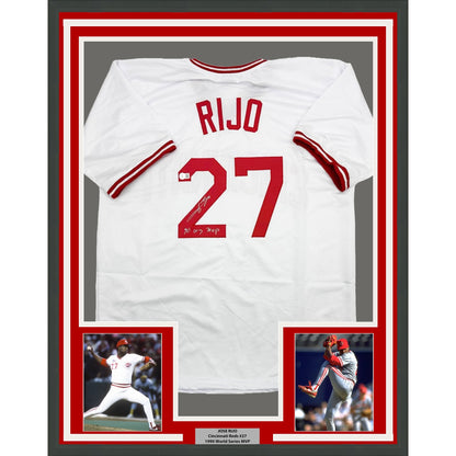 Framed Autographed/Signed Jose Rijo 35x39 90 WS MVP Cincinnati White Baseball Jersey Beckett BAS COA