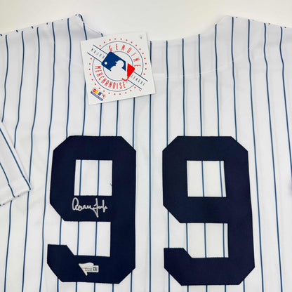 Autographed/Signed Aaron Judge New York Yankees Authentic Majestic Pinstripe Baseball Jersey Fanatics COA