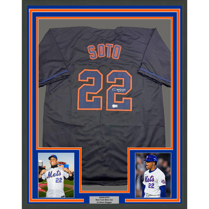 Framed Autographed/Signed Juan Soto 35x39 New York Black Baseball Jersey Beckett BAS COA