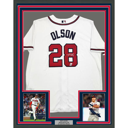 Framed Autographed/Signed Matt Olson 35x39 Atlanta Braves White Baseball Jersey Fanatics COA
