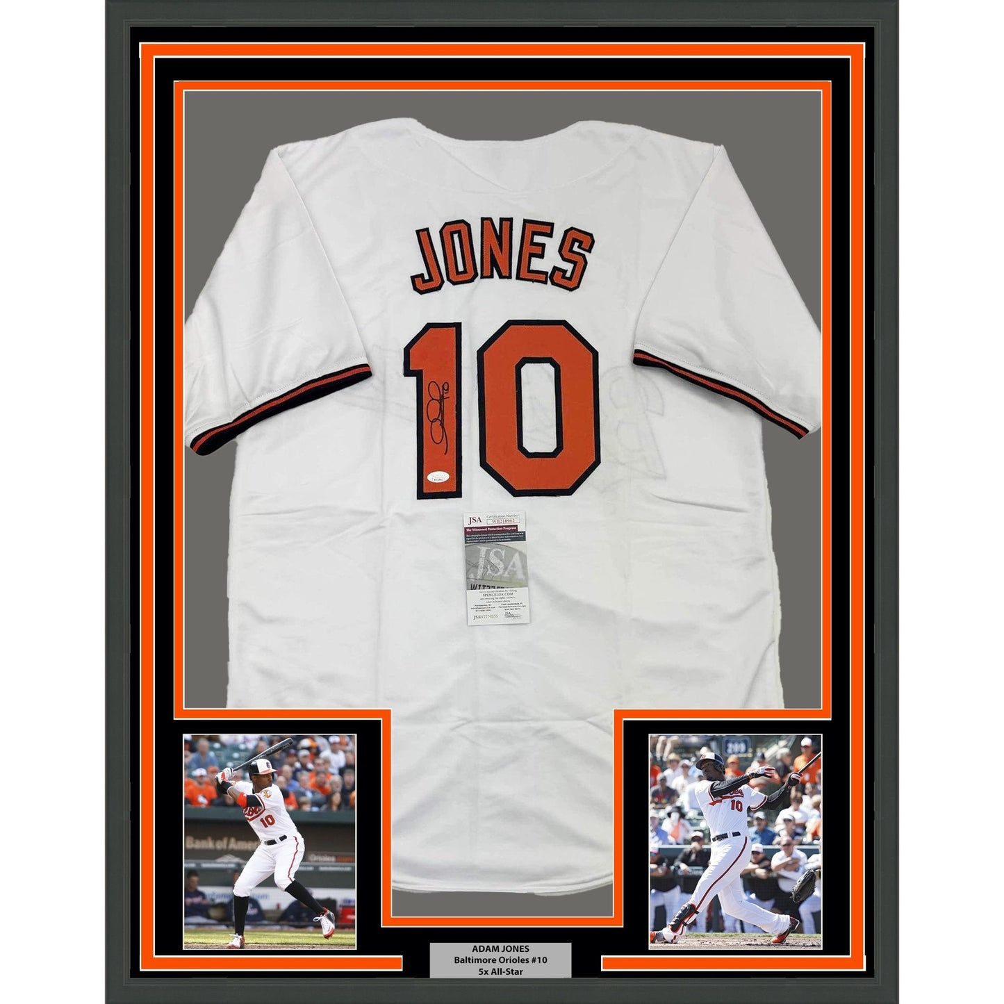 Framed Autographed/Signed Adam Jones 35x39 Baltimore White Baseball Jersey JSA COA