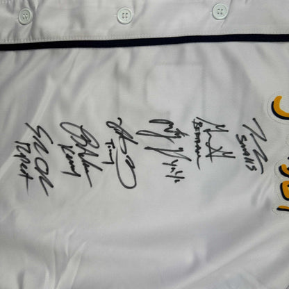 Autographed/Signed The Sandlot Movie 6x Cast Member Sigs White Baseball Jersey Beckett BAS COA