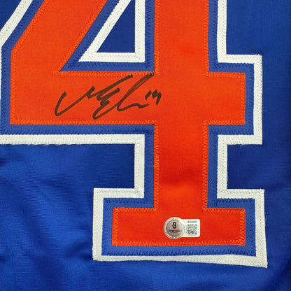 Autographed/Signed Mattias Ekholm Edmonton Blue Hockey Jersey Beckett BAS COA