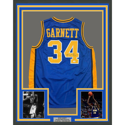 Framed Autographed/Signed Kevin Garnett 35x39 Blue Farragut High School Basketball Jersey Beckett BAS COA