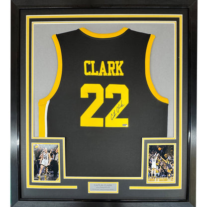 Framed Autographed/Signed Caitlin Clark 35x39 Iowa Black Basketball Jersey Panini COA