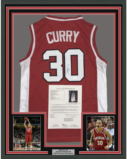 Framed Autographed/Signed Stephen Steph Curry 35x39 Davidson Wildcats Red Basketball Jersey JSA COA/LOA