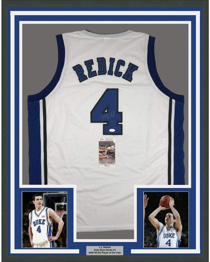 Framed Autographed/Signed JJ J.J. Redick 35x39 Duke White College Basketball Jersey JSA COA