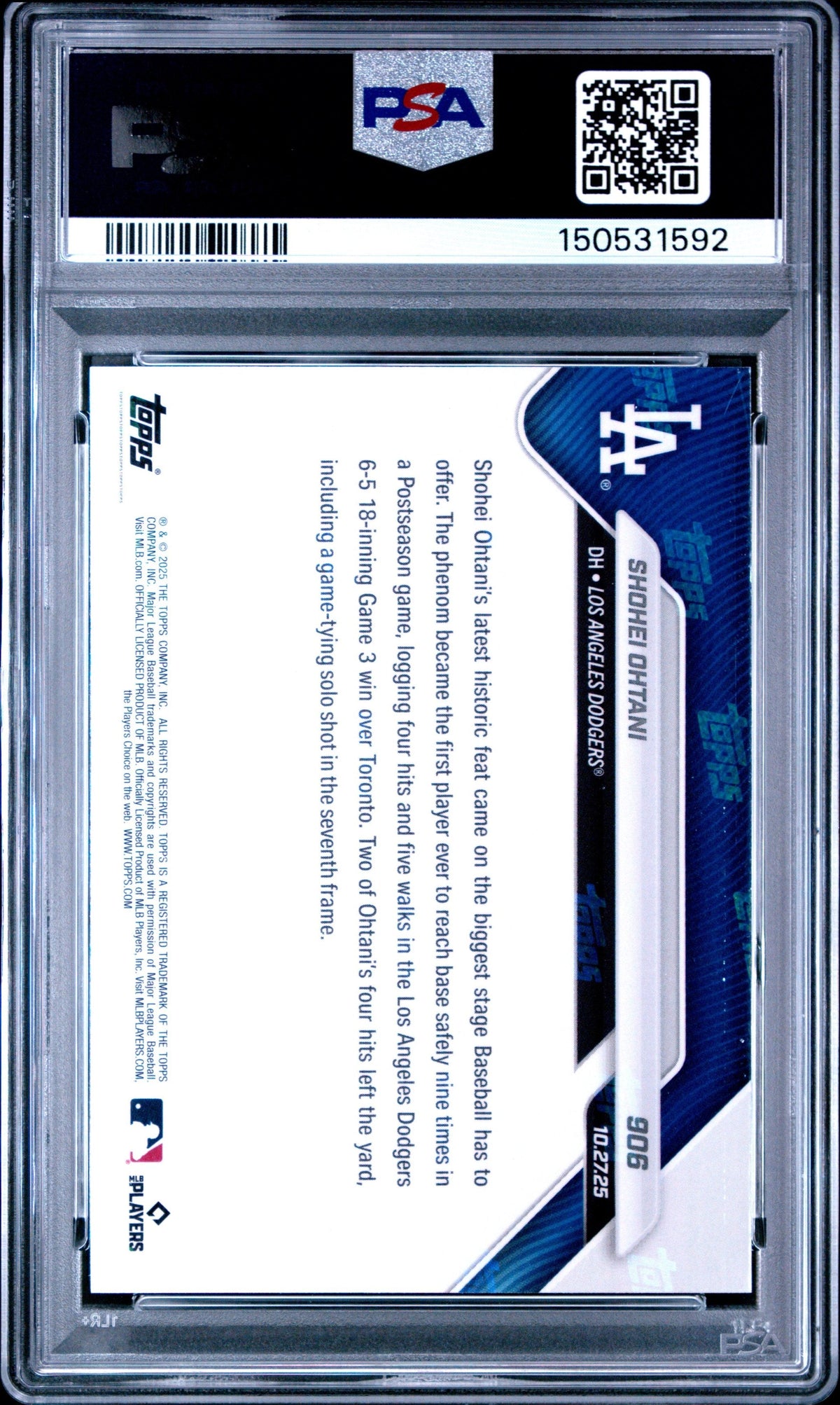 Graded 2025 Topps Now Shohei Ohtani #906 1st Ever to Reach Base 9 Times in Postseason Game Baseball Card PSA 10 Gem Mint