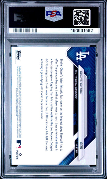 Graded 2025 Topps Now Shohei Ohtani #906 1st Ever to Reach Base 9 Times in Postseason Game Baseball Card PSA 10 Gem Mint