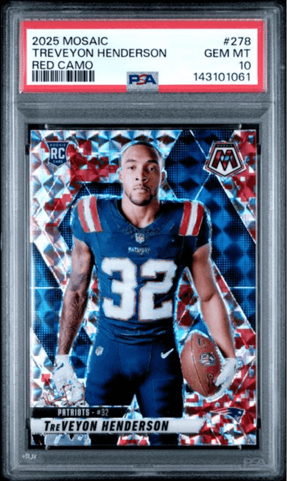 Graded 2025 Panini Mosaic TreVeyon Henderson #278 Red Camo Rookie RC Football Card PSA 10 Gem Mint