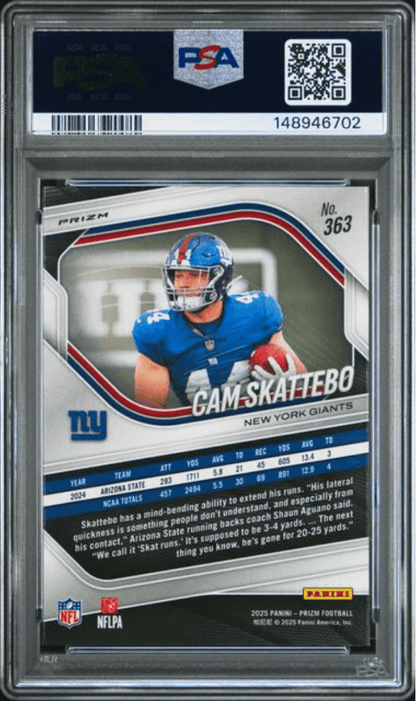 Graded 2025 Panini Prizm Cam Skattebo #363 Lazer Prizm Rookie RC Football Card PSA 10 Gem Mint
