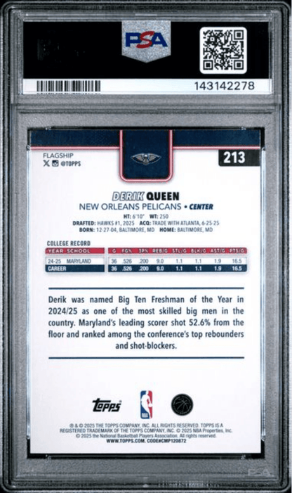Graded 2025 Topps Derik Queen #213 Rookie RC Basketball Card PSA 10 Gem Mint