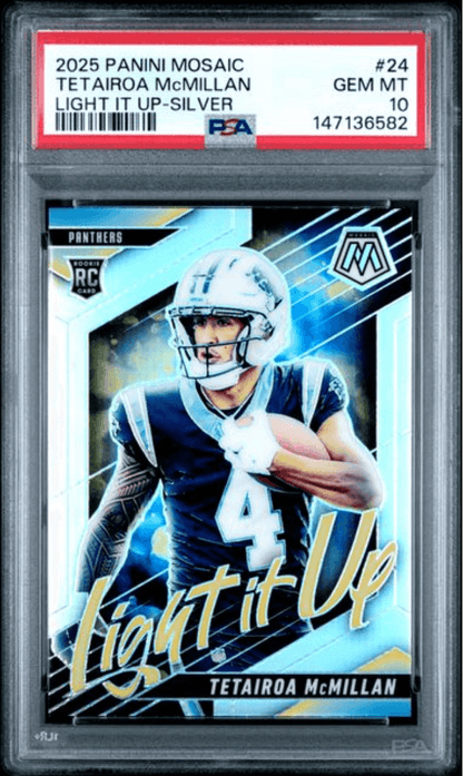Graded 2025 Panini Mosaic Tetairoa McMillan #24 Light It Up Silver Rookie RC Football Card PSA 10 Gem Mint