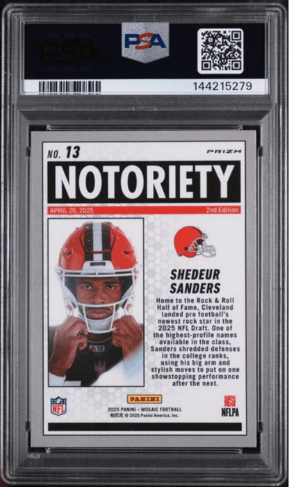 Graded 2025 Panini Mosaic Shedeur Sanders #13 Notoriety Green Rookie RC Football Card PSA 10 Gem Mint