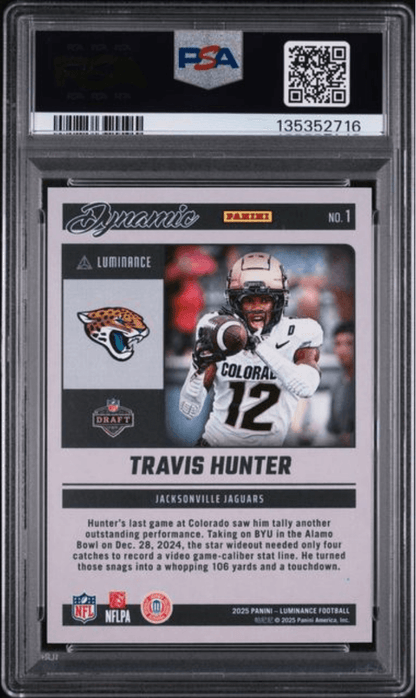 Graded 2025 Panini Luminance Travis Hunter #1 Dynamic Rookies Orange /100 Rookie RC Football Card PSA 10 Gem Mint