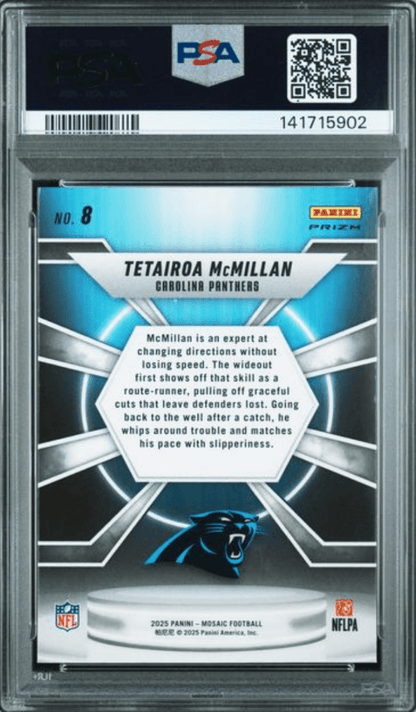 Graded 2025 Panini Mosaic Tetairoa McMillan #8 Center Stage Rookie RC Football Card PSA 10 Gem Mint