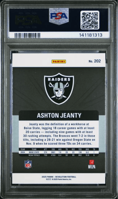 Graded 2025 Panini Revolution Ashton Jeanty #202 Rookie RC Football Card PSA 10 Gem Mint