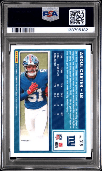 Graded 2025 Panini Donruss Abdul Carter #315 Optic Preview Red Pandora Rookie RC Football Card PSA 10 Gem Mint