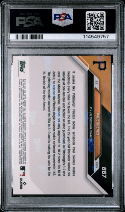 Graded 2024 Topps Now Paul Skenes #667 Sets Pirates Single Season Rookie Ks Record Rookie RC Baseball Card PSA 10 Gem Mint