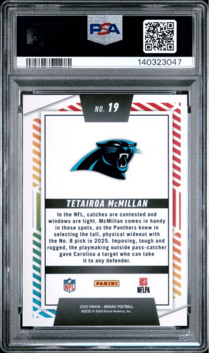 Graded 2025 Panini Mosaic Tetairoa McMillan #19 Men of Mastery Rookie RC Football Card PSA 10 Gem Mint