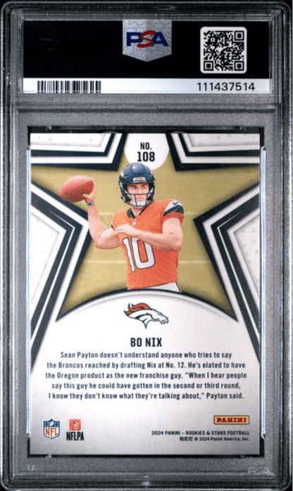 Graded 2024 Panini Rookies & Stars Bo Nix #108 True Blue /149 Rookie RC Football Card PSA 10 Gem Mint