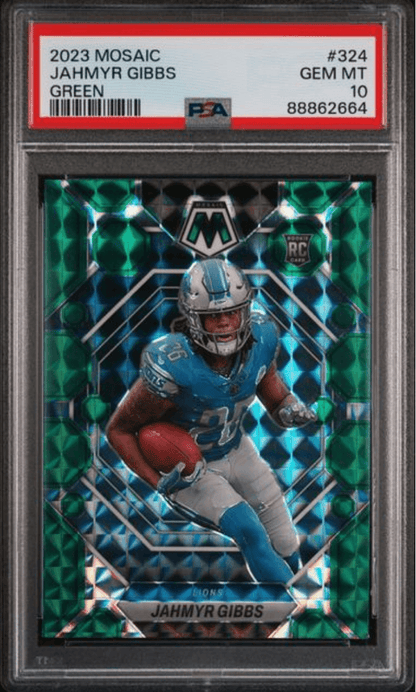 Graded 2023 Panini Mosaic Jahmyr Gibbs #324 Green Rookie RC Football Card PSA 10 Gem Mint