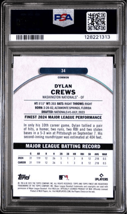 Graded 2025 Topps Finest Dylan Crews #34 Checkerboard Refractor Rookie RC Baseball Card PSA 10 Gem Mint