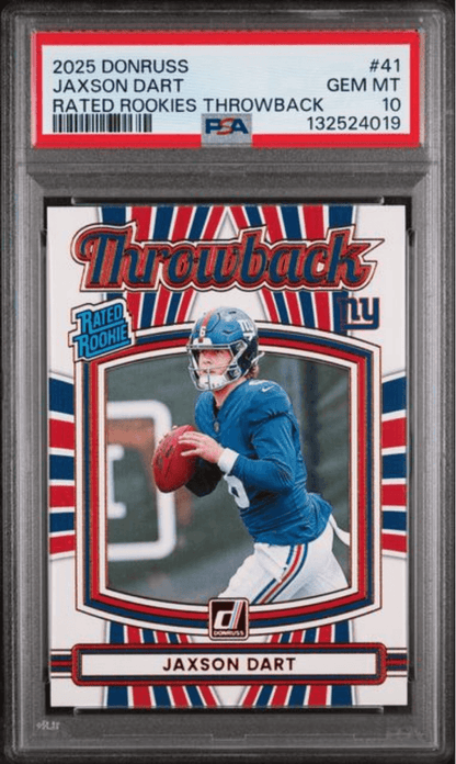 Graded 2025 Panini Donruss Jaxson Dart #41 Rated Rookies Throwback Rookie RC Football Card PSA 10 Gem Mint