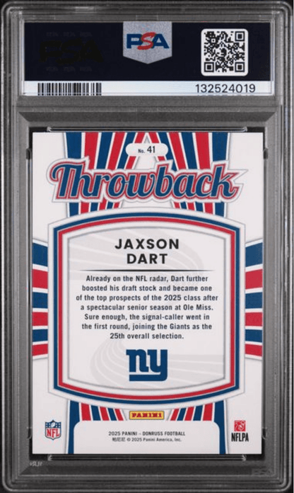 Graded 2025 Panini Donruss Jaxson Dart #41 Rated Rookies Throwback Rookie RC Football Card PSA 10 Gem Mint