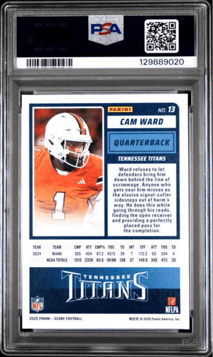 Graded 2025 Panini Score Cam Ward #13 Rookie RC Football Card PSA 10 Gem Mint