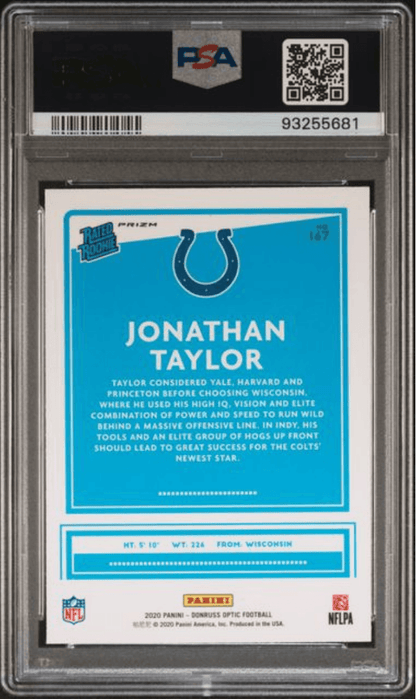 Graded 2020 Panini Donruss Optic Jonathan Taylor #167 Green Velocity Rookie RC Football Card PSA 10 Gem Mint