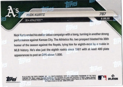 2025 Topps Now Nick Kurtz #787 Orange Foil /25 Athletics Rookie RC Baseball Card