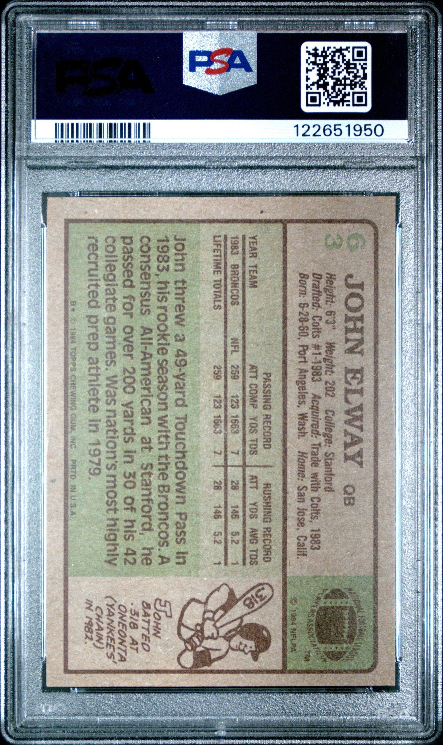 Graded 1984 Topps John Elway #63 Rookie RC Football Card PSA 6 Excellent