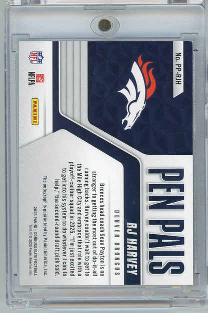 2025 Donruss Elite Pen Pals RJ Harvey #PPRJH Auto Rookie RC Football Card