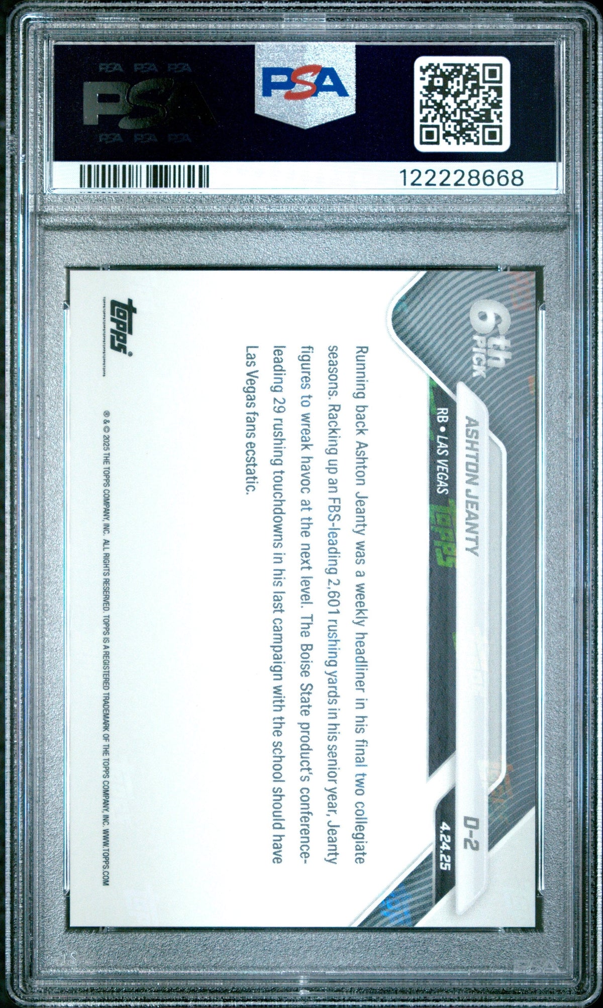 Graded 2025 Topps Now Ashton Jeanty #D2 Rookie RC Football Card PSA 9 Mint