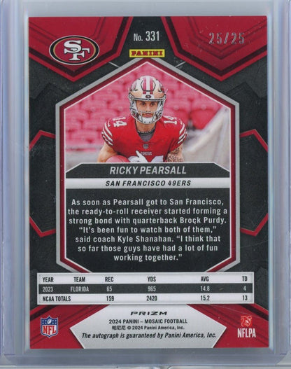 2024 Panini Mosaic Ricky Pearsall #331 25/25 Green Auto Rookie RC Football Card