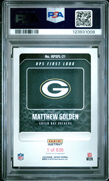Graded 2025 Panini Instant Matthew Golden #RPSFL21 RPS First Look Rookie RC Football Card PSA 10 Gem Mint
